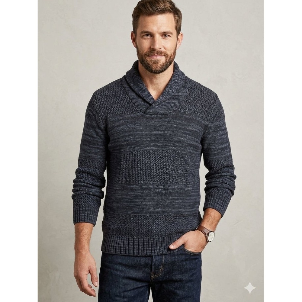 Sun + Stone Mens Navy Blue Space Dye Shawl Collar Textured Cotton Sweater Size M